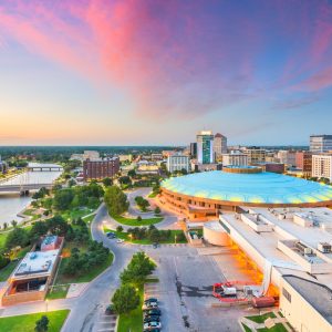 Wichita, Kansas, USA downtown city skyline at dusk.
